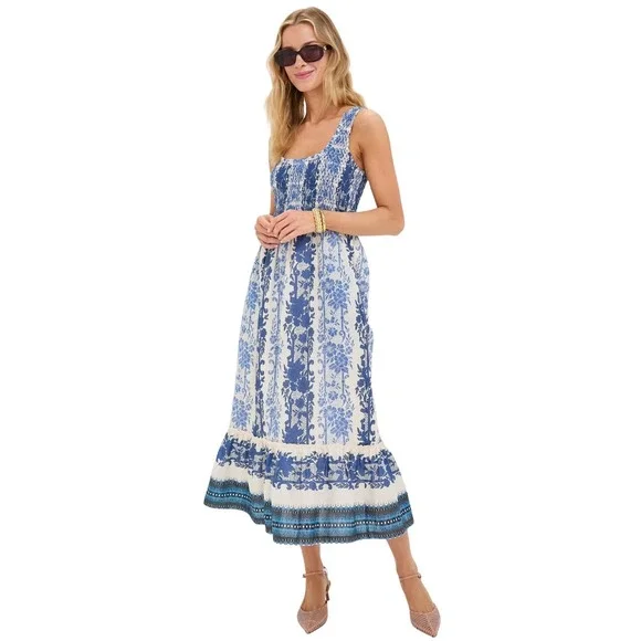 Tuckernuck Mallie Midi Dress NWT Sz M Bondi Blues Floral Smocked Sleeveless - Picture 3 of 10